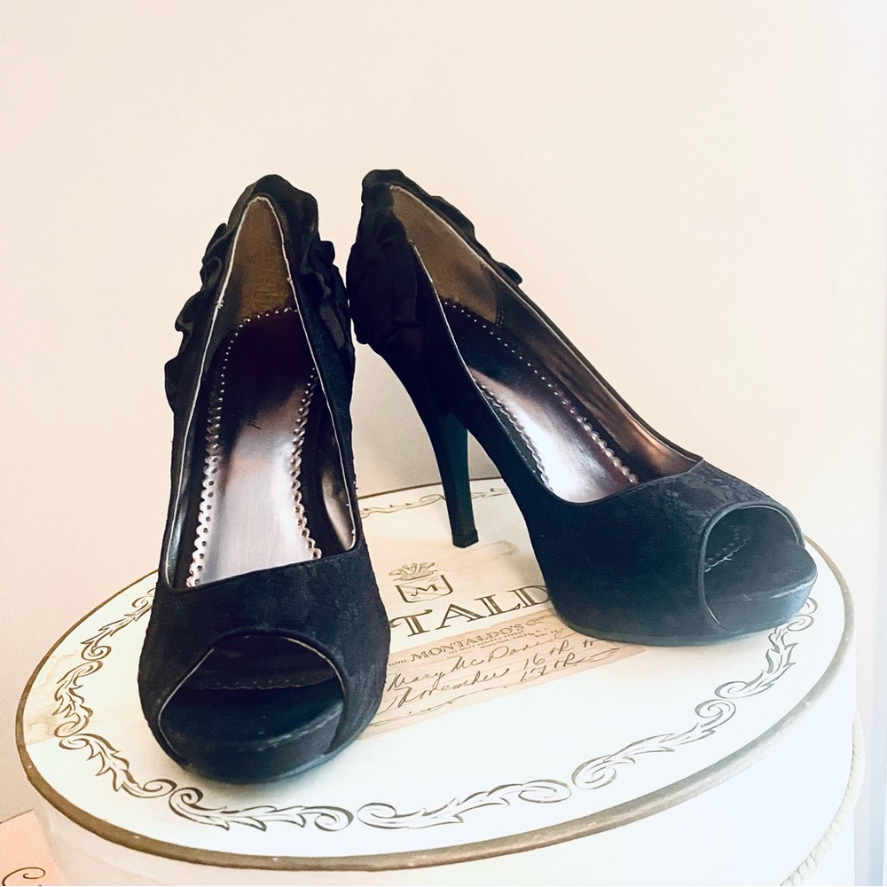 Lulu Townsend Gloria Black Satin Lace Ruffled Open Peep Toe Heels